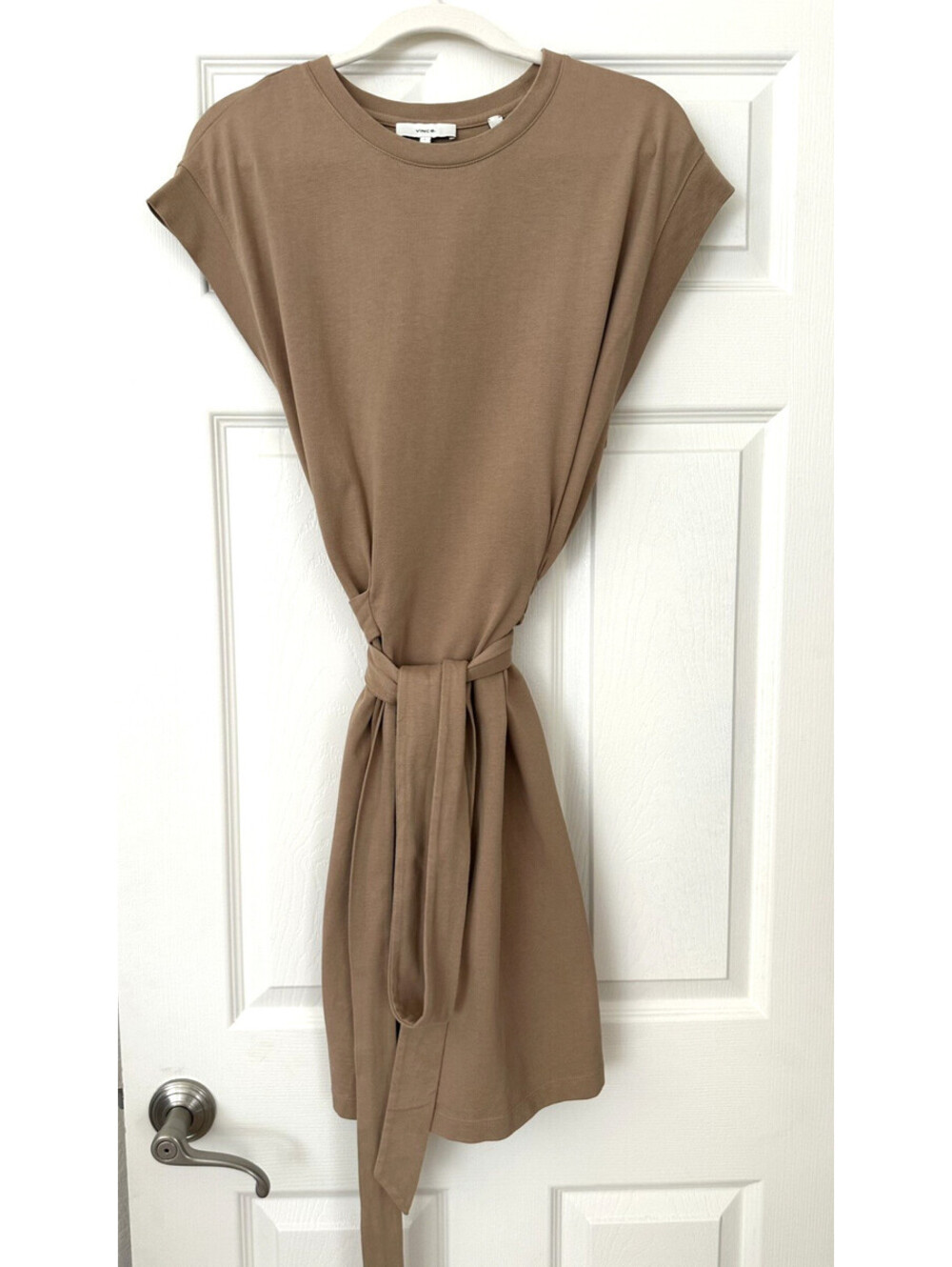 Vince Womens Jersey Knit Tie Waist Pleated Midi Dress Camel Tan Size L